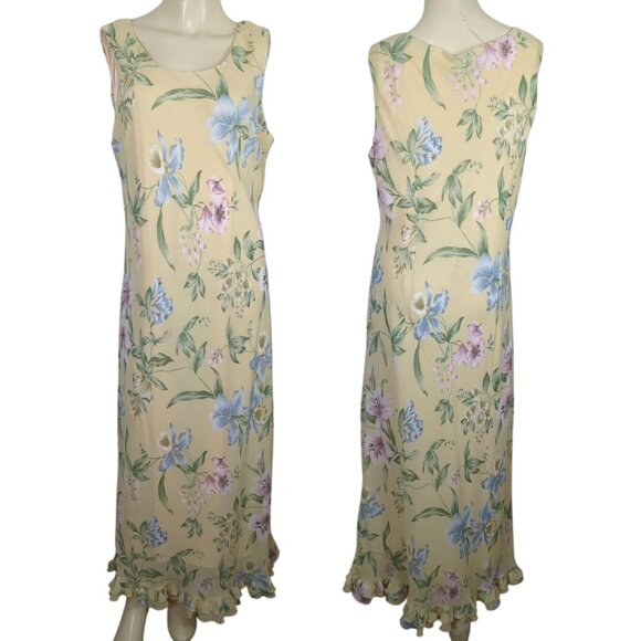 Vintage Betsy's Things Sleeveless Maxi summer yellow blue Dress Ruffled Hem 16 - Picture 1 of 12